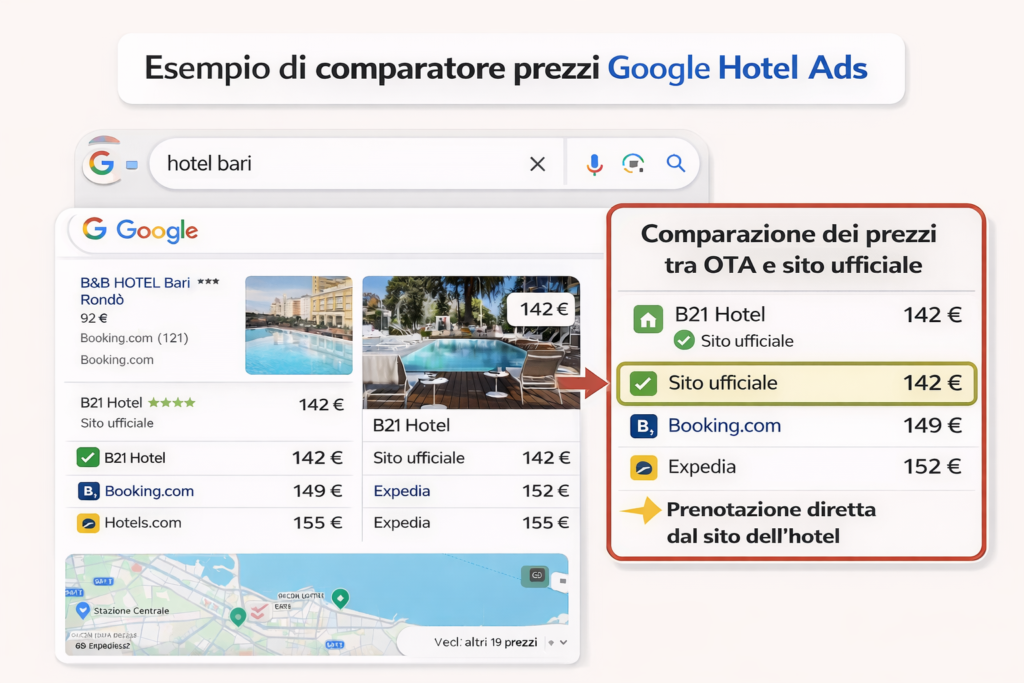 Esempio di comparatore prezzi Google Hotel Ads con confronto tra sito ufficiale hotel e OTA come Booking ed Expedia